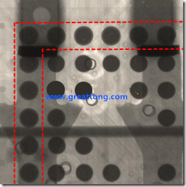 BGA錫球尺寸小于0.4mm，采用降低BGA內(nèi)圍襲球的錫膏量所得到X-Ray，稍微留意一下可以發(fā)現(xiàn)最外圈的錫量(圓的直徑)比其他內(nèi)圍的錫球上的錫量來得多一點(diǎn)點(diǎn)。也就是外圈的黑色圓形直徑比內(nèi)圈的圓形來得大一點(diǎn)點(diǎn)。