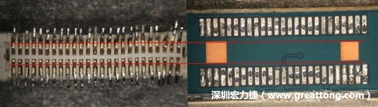 把板對板連接器與其電路板的佈線焊墊作一個比較，端子的切斷面有毛邊的地方剛好對到了裸銅區(qū)。