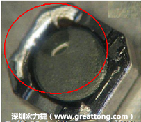 使用錫(Sn)鍍層的電源電感器(Power Inductors)，經(jīng)過推力測(cè)試后，其焊點(diǎn)還保留在零件的端點(diǎn)上，所以推力比較高。