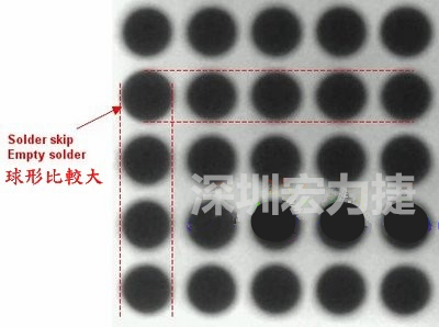 現(xiàn)在我畫幾條直線你再看看是否有發(fā)現(xiàn)那一顆BGA的錫球比較大，有空焊的可能？