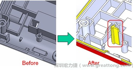 既然知道可能的問題出在電路板變形量過大，于是在電路板上黏貼應力計(Stress Gauge)然后先量測未改善前的應力數(shù)據(jù)。改善方法是在BGA的附近新增機溝肋柱(rib)來頂住電路板以降低電路板在落下時的變形量。