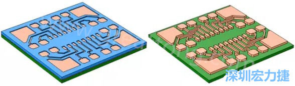 銅被電鍍?cè)趯?dǎo)電種子層之上，從而填滿了PCB板上的圖形化光刻膠腔體(左)。清除光刻膠，蝕刻暴露出的種子層以分隔開不同的銅線(右)-深圳宏力捷