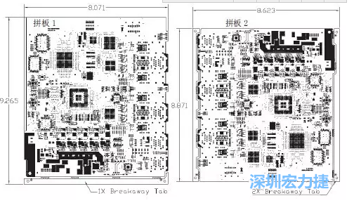 如圖7所示是使用不同數(shù)量邊條的拼板，拼板1僅使用了一個邊條，直接利用PCB另一邊作為SMT工藝傳送邊，并且PCB圖形中有合適的安裝孔；而拼板2則是按常規(guī)設(shè)計了兩個邊條。拼板方式為連接筋。圖中“Breakaway Tab”指邊條-深圳宏力捷