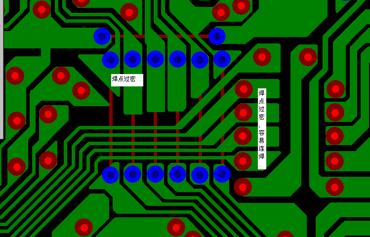 PCB設計焊點過密，易造成波峰連焊，焊點間漏電