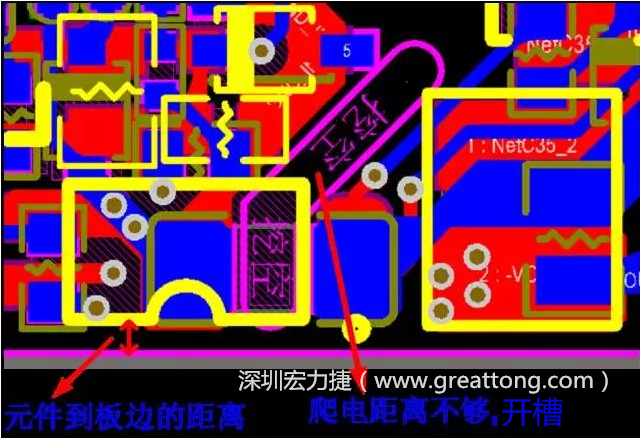 如果碰到模塊PCB空間有限，爬電距離不夠，可以采用開槽的方式