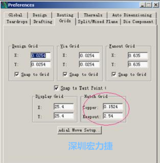  改銅皮的填充網(wǎng)格Global→Design Units，填充方向Drafting→Direction；Hatch Grid中Copper此數(shù)值為大銅箔中所填充的線條中心到中心的距離。