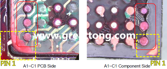 PIN-1的位置很重要，不知道Pin-1在哪里？那你怎么知道斷裂錫球在PCB的位置，如何判斷可能的應(yīng)力(Stress) 影響。一般在PCB的絲印層(白漆)上面一定會標(biāo)示零件的PIN-1位置，有的未打一個圓點(diǎn)，有的會畫三角形，但這張照片在PCB的PIN-1被紅墨水遮住了，如果可以的話建議那一塊沒有紅墨水的板子對照一下。