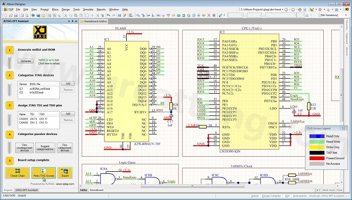 XJTAG DFT Assistant的Access Viewer模式可以清楚地顯示可用的測試存取層級，讓電路板設(shè)計人員在展開PCB布局以前的原理圖擷取階段盡可能地提高測試存取能力