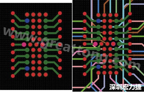 圖7：焊盤內(nèi)過孔用于內(nèi)部，而外部接腳在0.5mm閘格上扇出。圖7a顯示的是頂層(左)；圖7b顯示頂層和內(nèi)部布線層(右)。