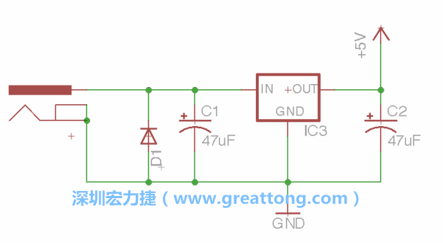 新增RBBB→Power_Jack，將它放在電壓調(diào)整器的輸入端旁邊。