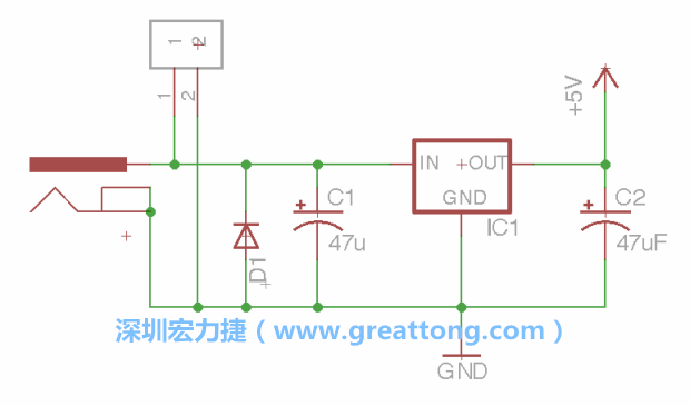 2.5.    新增一個(gè)二極體，它會(huì)以水平的狀態(tài)出現(xiàn)在屏幕上，請(qǐng)使用「旋轉(zhuǎn)（Rotate）」工具把它負(fù)極那一面朝上，并且用「網(wǎng)絡(luò)連接」工具將它連接在電壓調(diào)整器的輸入端和接地端之間。