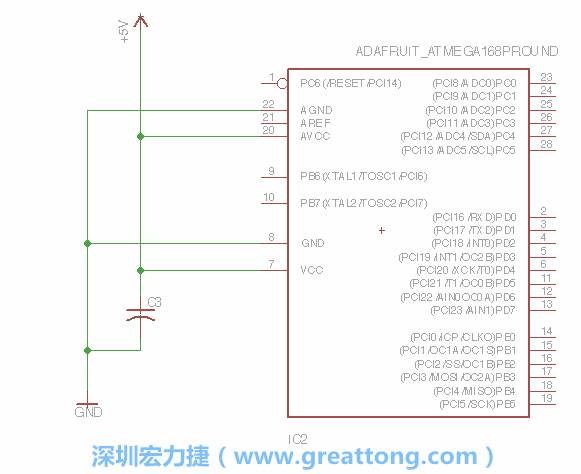 3.1.    新增微控制器晶片（RBBB → ATmega），把它放在電路原理圖的中央附近，把它的兩個接地接頭連接到接地訊號端。