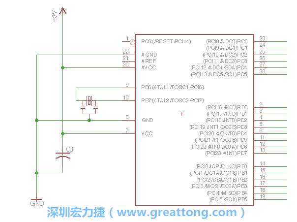 3.2.    在靠近ATmega的電源供應(yīng)針腳7的位置放置一個0.1μF的電容，將它分別連接電源、接地端和針腳7。