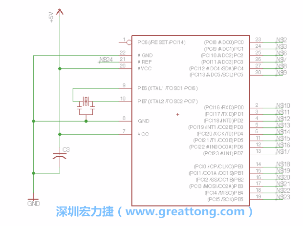 3.3.    將共鳴器（resonator）放置在針腳9和針腳10附近，將它的三個針腳連接如圖所示，并確認最中間的針腳有連到接地端。