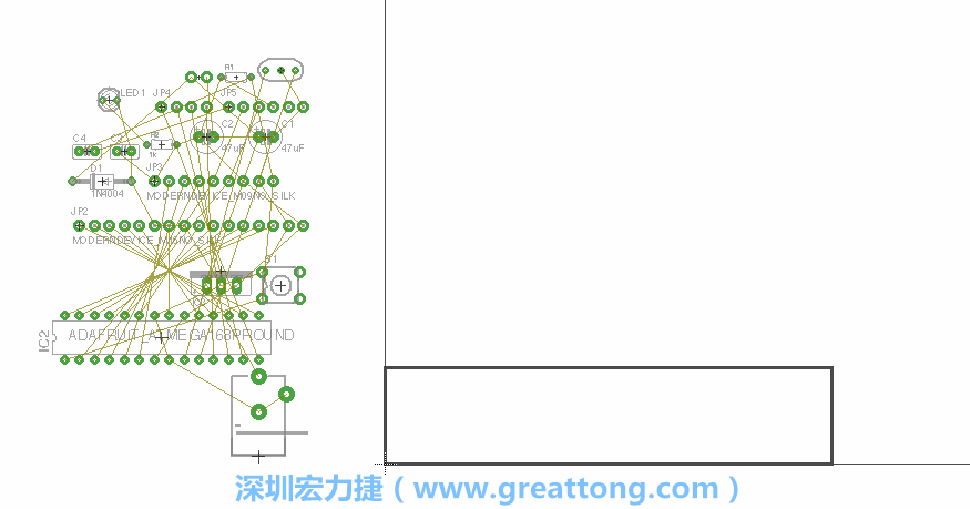 第一次執(zhí)行布線編輯器時，你會發(fā)現(xiàn)有兩個區(qū)塊，左邊的區(qū)塊非常混亂，而右邊的區(qū)塊則是一個長方形的工作區(qū)域，EAGLE免費版會限制你的工作區(qū)域在4” x 3.2”的范圍內(nèi)，如果你試圖將元件擺放在工作區(qū)外的話，就會跳出警示訊息。