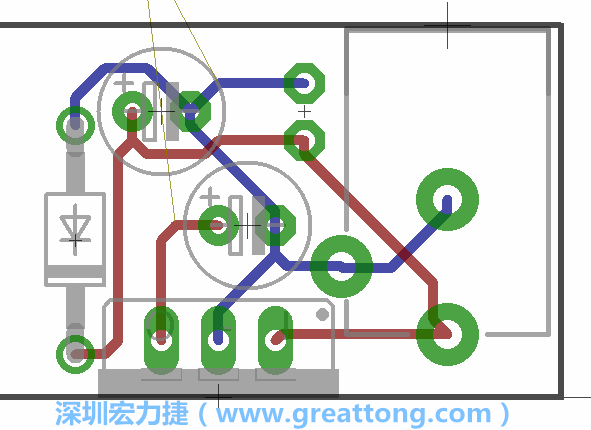 接地連結(jié)點的布線情形如下圖所示，利用這個練習來避免電路連線銳角化的產(chǎn)生是一個不錯的選擇，你可以在工具列中的彎曲線路（Wire Bend）選項里改變各種布線的變化。