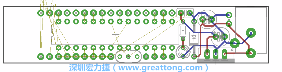 將ATmega微控制器、三個GPIO排針（JP2, JP3, JP4）和諧振器（resonator）排置如上圖所示。