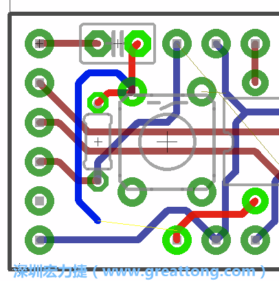 要在電路板正面進行+5V信號線連結(jié)和其他連結(jié)點的布線工作是非常容易的，而重置信號線（信號線用來連結(jié)電路板正面左邊的重置開關(guān)）需要經(jīng)過一個可以通過電路板正反兩面的電路通道，這個通道是一個可以讓電路板正反兩面線路連接的一個小孔。