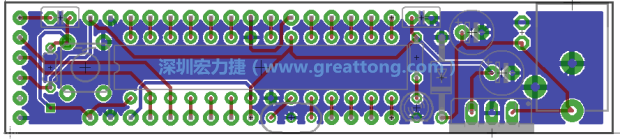 第二篇文章則帶領你進行電路板上的布線、連結點的配置，并利用「設計規(guī)則檢查（Design Rule Check）」測試你的設計，第二篇文章的電路板設計圖將如下所示：