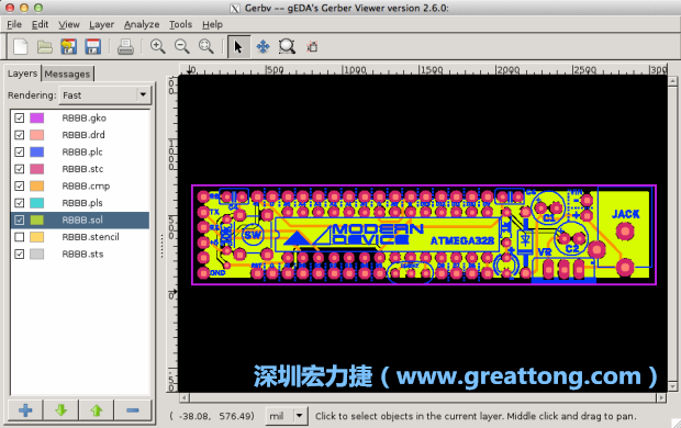 將圖層匯入你的Gerber預覽工具內（下圖為Gerbv），我通常會從上到下重新排列它們的順序，好讓我比較好校對：