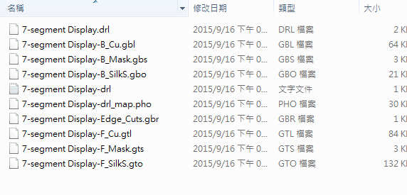 所謂Gerber檔，其實是包含一群檔案 (如下圖所示)，如包含正反面銅箔層 F.Cu B.Cu.，正反面文字面 F.Silkscreen ，B.Silkscreen，防焊層 SolderMask、板邊裁切Edge.Cuts 等。