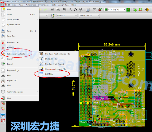 在Kicad的PCB Editor, 點選 File->Fabrication Outputs->BOM File, 即可產(chǎn)生一個 .csv 的Excel 檔案。