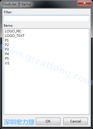 從目前正在編輯的PCB載入Module， 會顯示有那些項目可載入。點選一個， OK后即完成載入