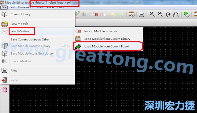 進入Module Editor去載入其他Footprint(Module)進來， 從目前的Active library (不過要先選取一個Current library ) 載入Module 或從目前正在編輯的PCB載入Module。