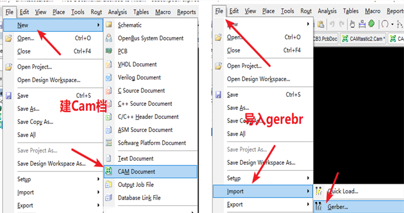 在File下新建 Cam檔，建后再File下導(dǎo)入Gerber文件，選擇所有文件導(dǎo)入gerber。