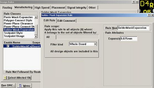 5. 而對于阻焊的調(diào)整則可以通過按D、R調(diào)出[Manufacturing]制作設(shè)計規(guī)則的[Solder-Mask Expansion Rule]設(shè)置項直接設(shè)定單邊放大值