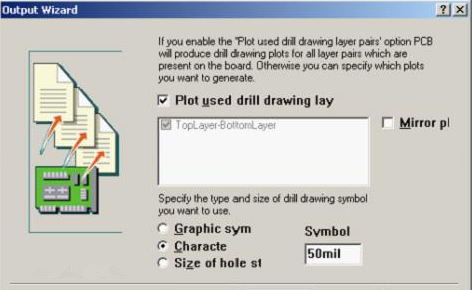 選中“Plot used drill drawing layer”，并將孔圖改為“Cheracte”標(biāo)示