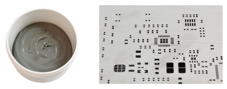 焊膏（左），PCB模板激光切割孔（右）